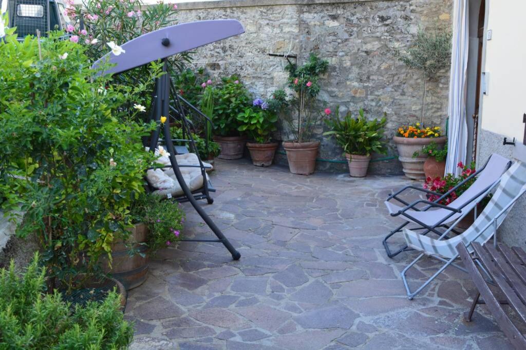 a patio with a bunch of potted plants and an umbrella at Casa Furielli in Radda in Chianti