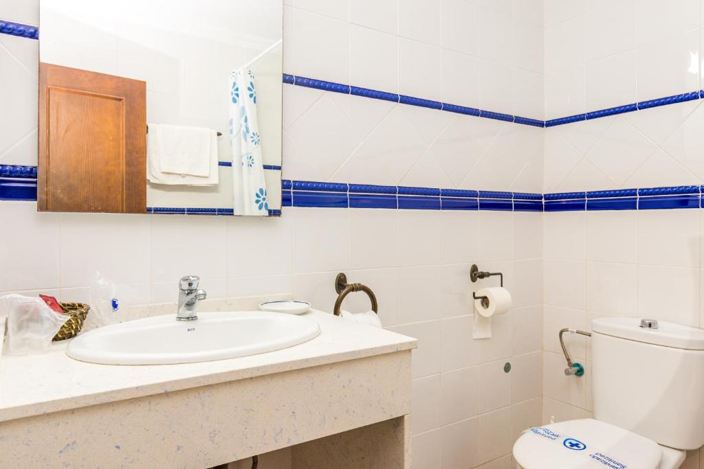 a bathroom with a sink and a toilet and a mirror at Hostal Alhambra in Zahora