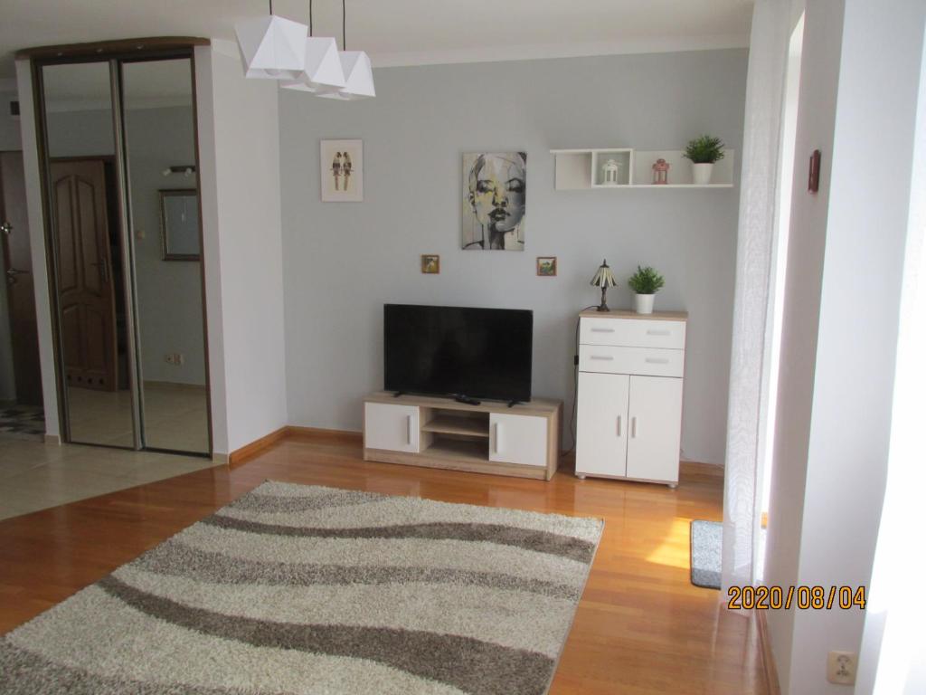 uma sala de estar com uma televisão e um tapete em Apartament Viola em Kolobrzeg