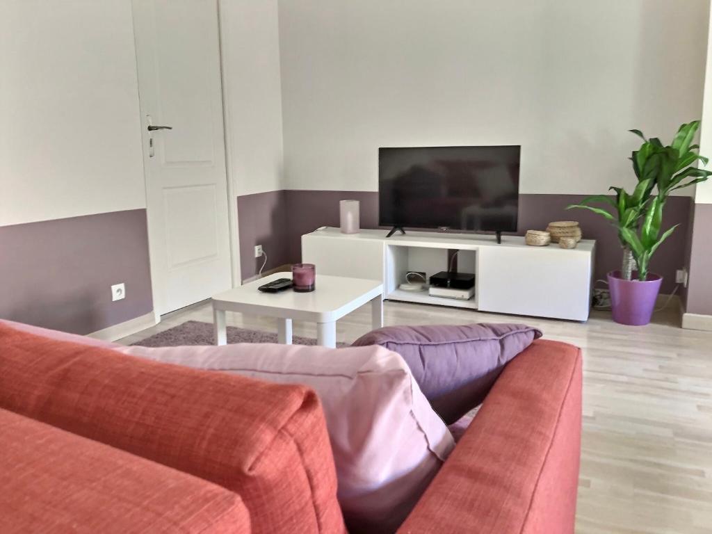 a living room with a couch and a tv at Le Grandthille in Chalons en Champagne