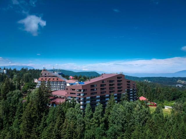 波亞納布拉索夫的住宿－Poiana Brasov Alpin Resort Apartment，一座大建筑,位于一座树木繁茂的山顶上