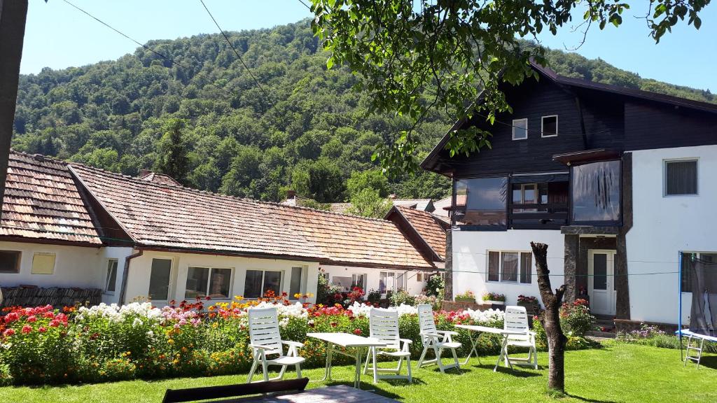 a group of chairs and a table in front of a house at Pensiunea Mateo in Bran