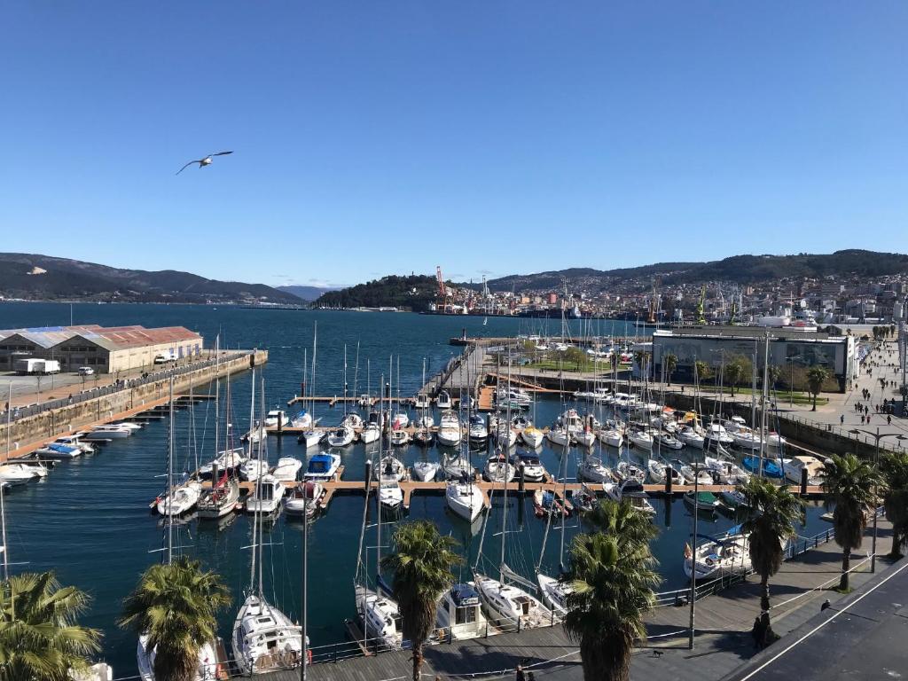 Un montón de barcos atracados en un puerto en BARCO PURAVIDA, en Vigo
