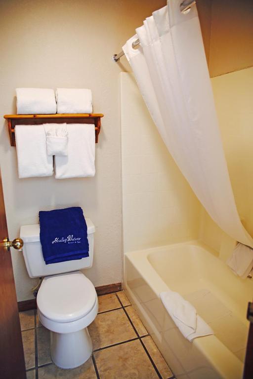a bathroom with a toilet and a tub and towels at Healing Waters Resort and Spa in Pagosa Springs