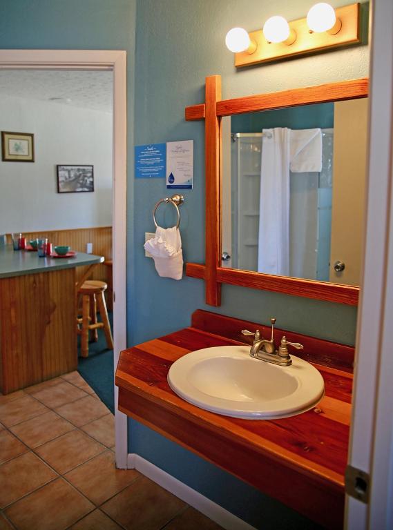 a bathroom with a sink and a mirror at Healing Waters Resort and Spa in Pagosa Springs