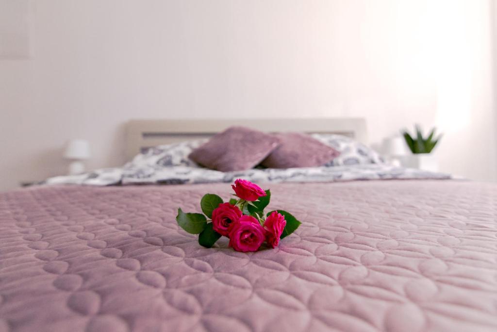 a bunch of pink roses sitting on a bed at Apartament u Andrzeja in Polanica-Zdrój
