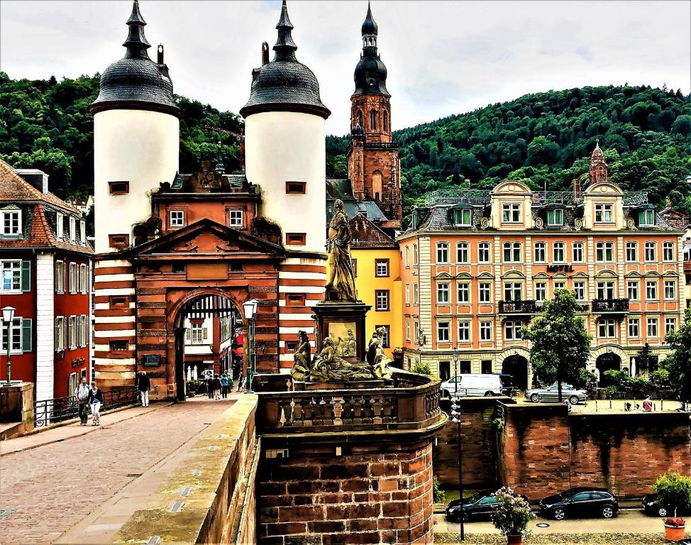 Blick auf eine Stadt mit einer Brücke und Gebäuden in der Unterkunft City Partner Hotel Holländer Hof in Heidelberg