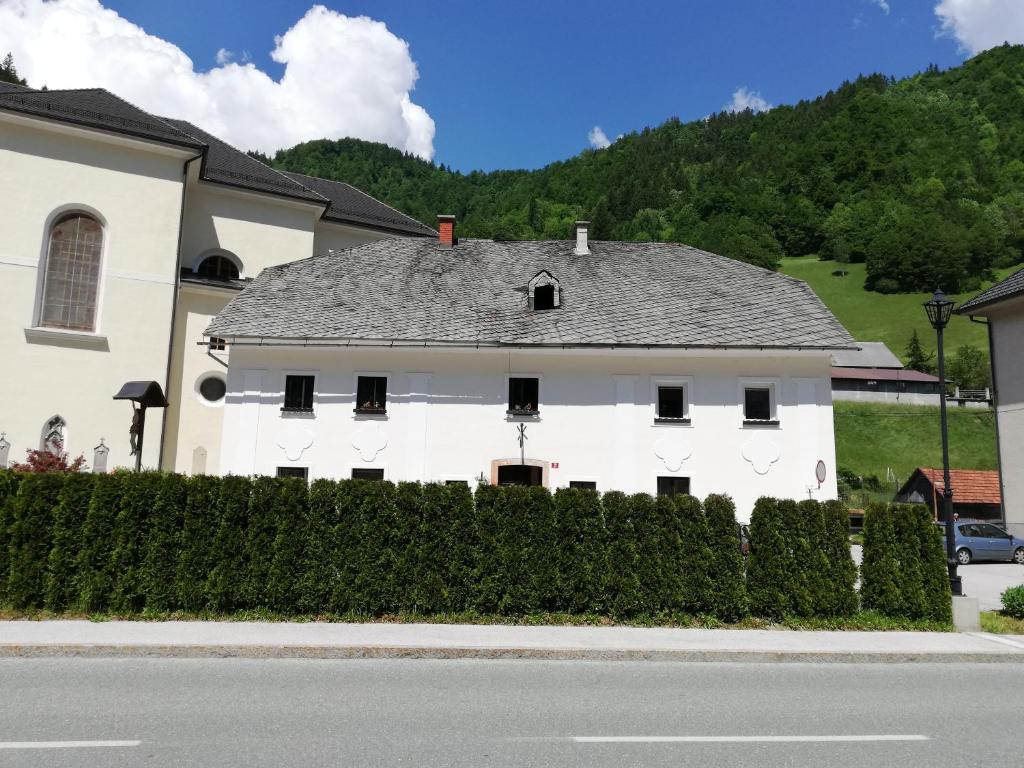 a white house with a gray roof at Haus Lagma Studio in Železniki