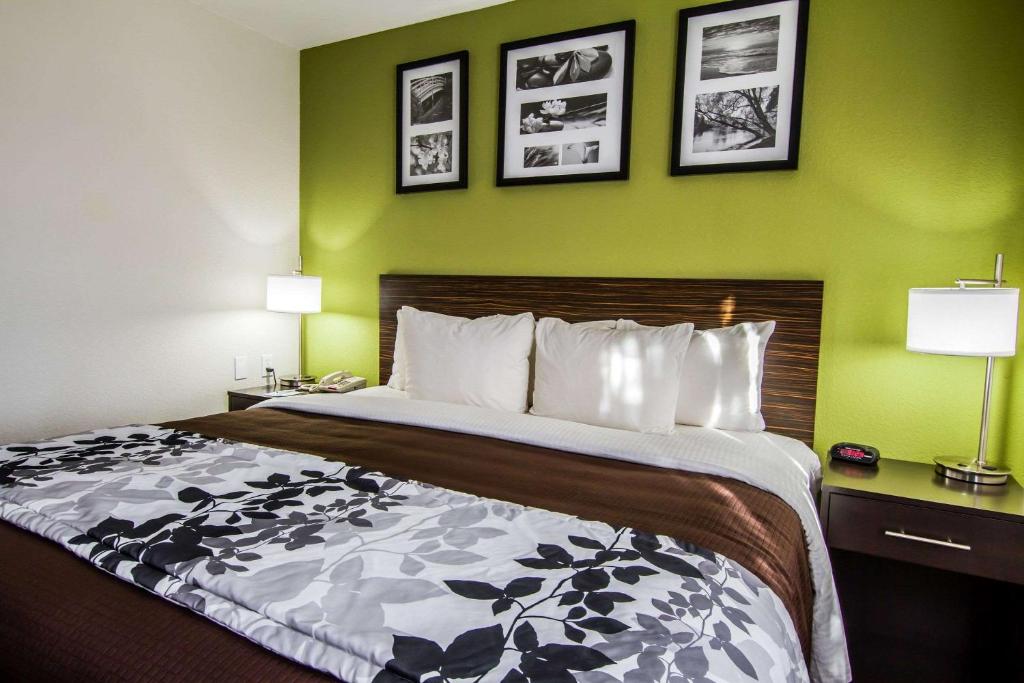 a bed in a hotel room with a green wall at Sleep Inn Gallup in Gallup