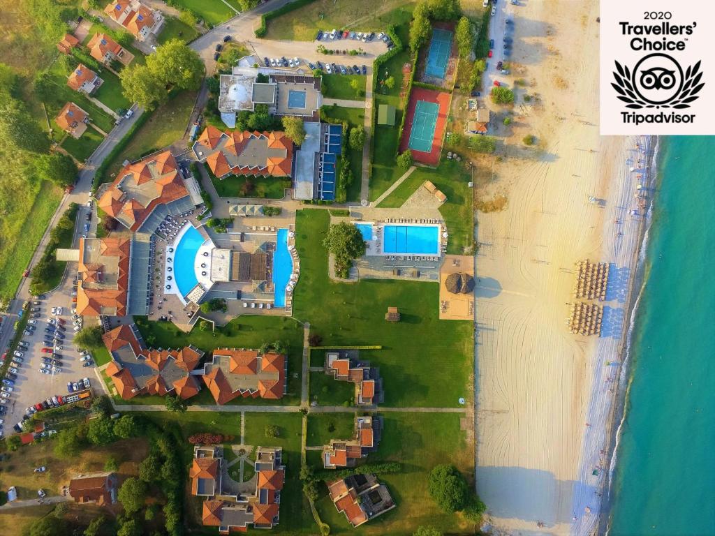 an aerial view of a house next to a beach at Dion Palace Resort and Spa in Limín Litochórou