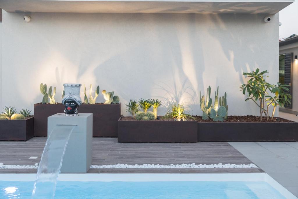 a swimming pool with cactuses and plants on a wall at Giafra Luxury Rooms in Agrigento