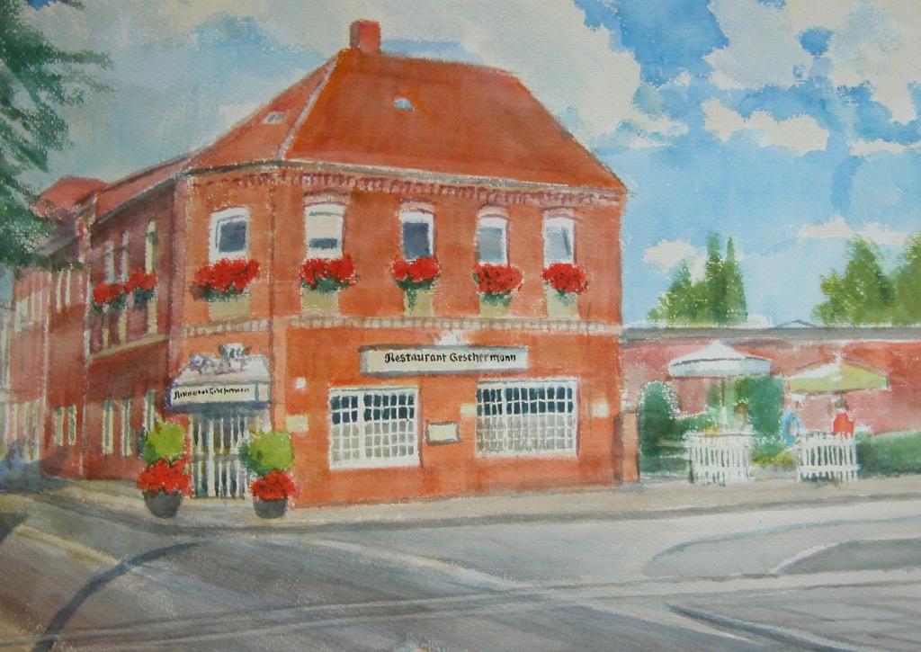 a painting of a building with flowers in the windows at Hotel Geschermann in Sendenhorst