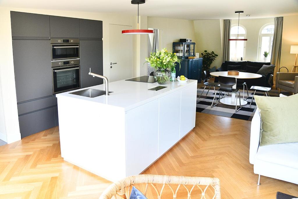 een keuken met een wit eiland in de woonkamer bij JETHON Exklusives City-Appartement Bernburg in Bernburg