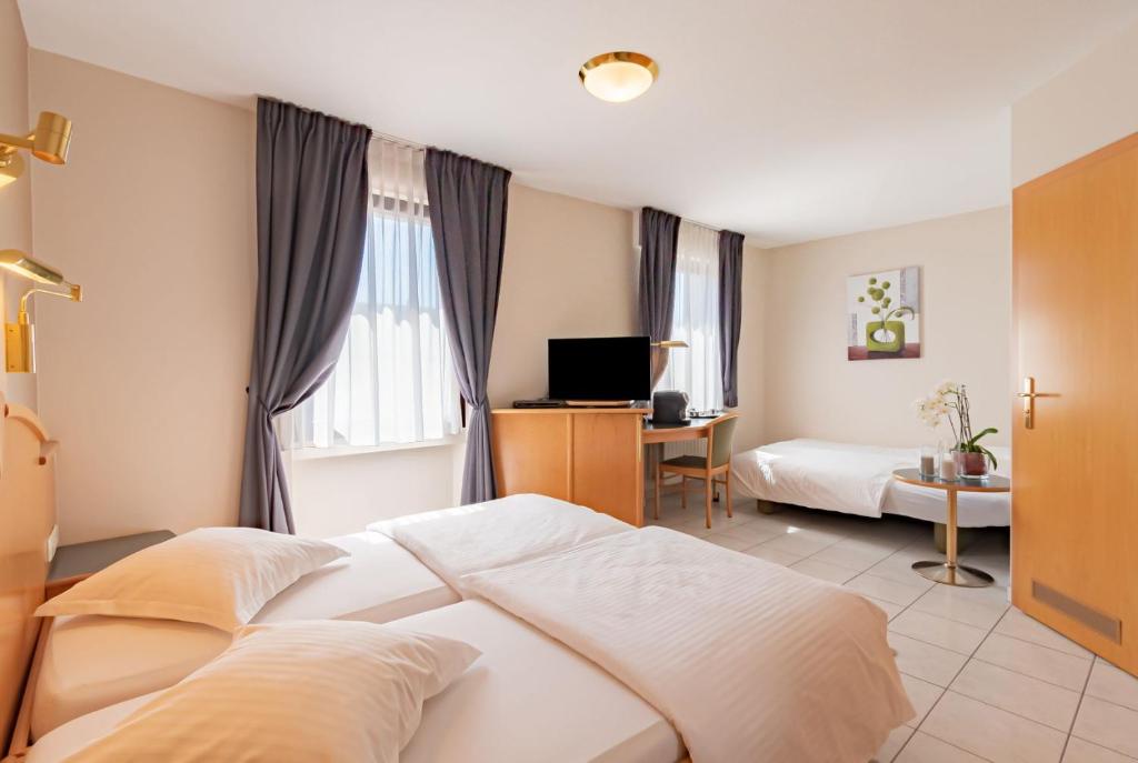 a bedroom with a bed and a desk and a television at Hotel Re'ser Stuff in Roeser