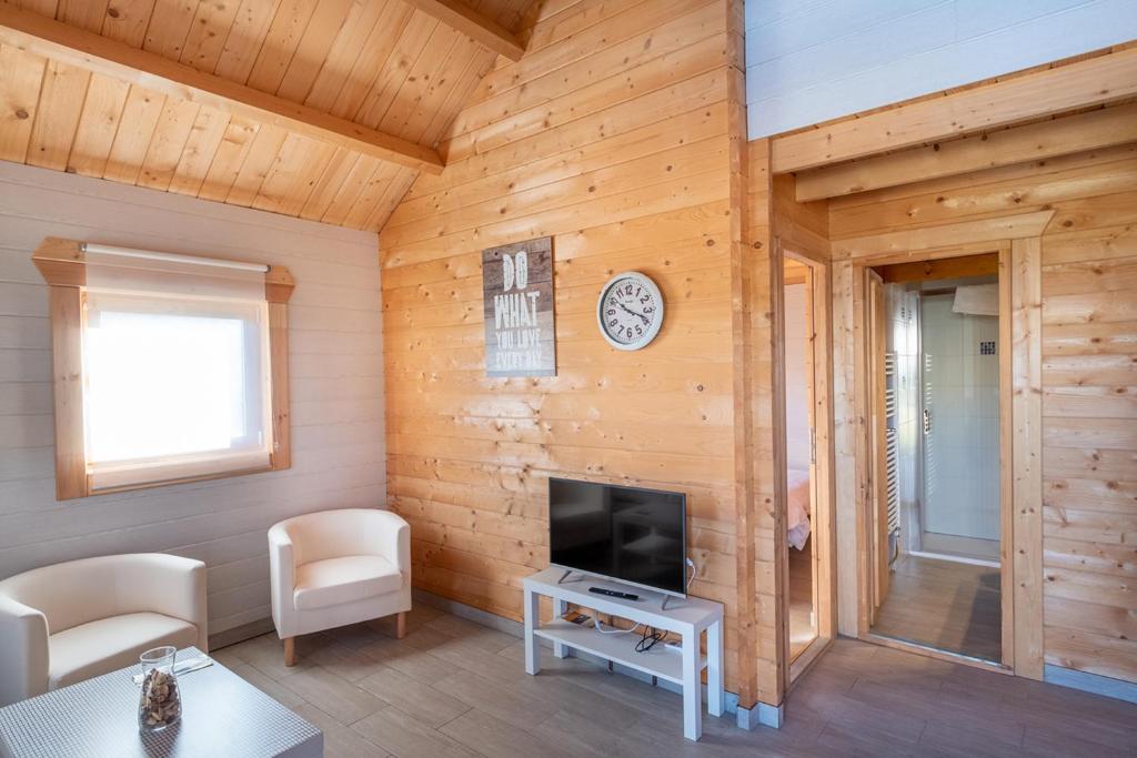 sala de estar con paredes de madera y TV de pantalla plana. en Villas de Arribes, en Aldeadávila de la Ribera