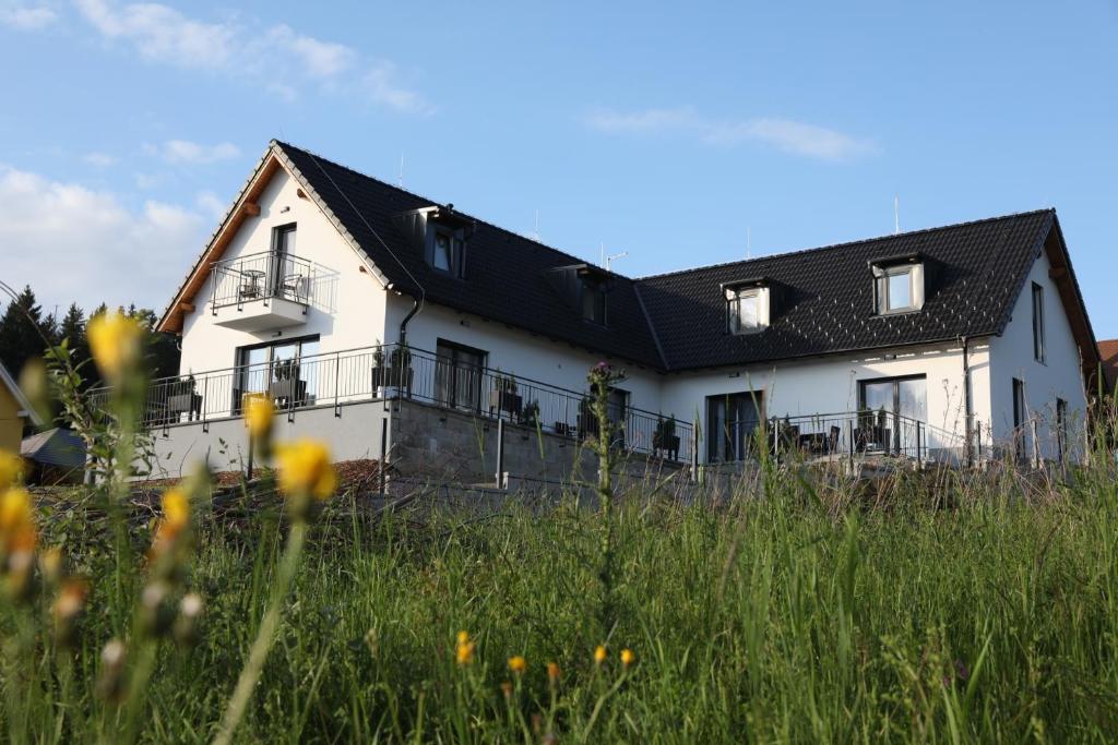 ein weißes Haus mit schwarzem Dach in der Unterkunft Apartmány Allis in Lipno nad Vltavou