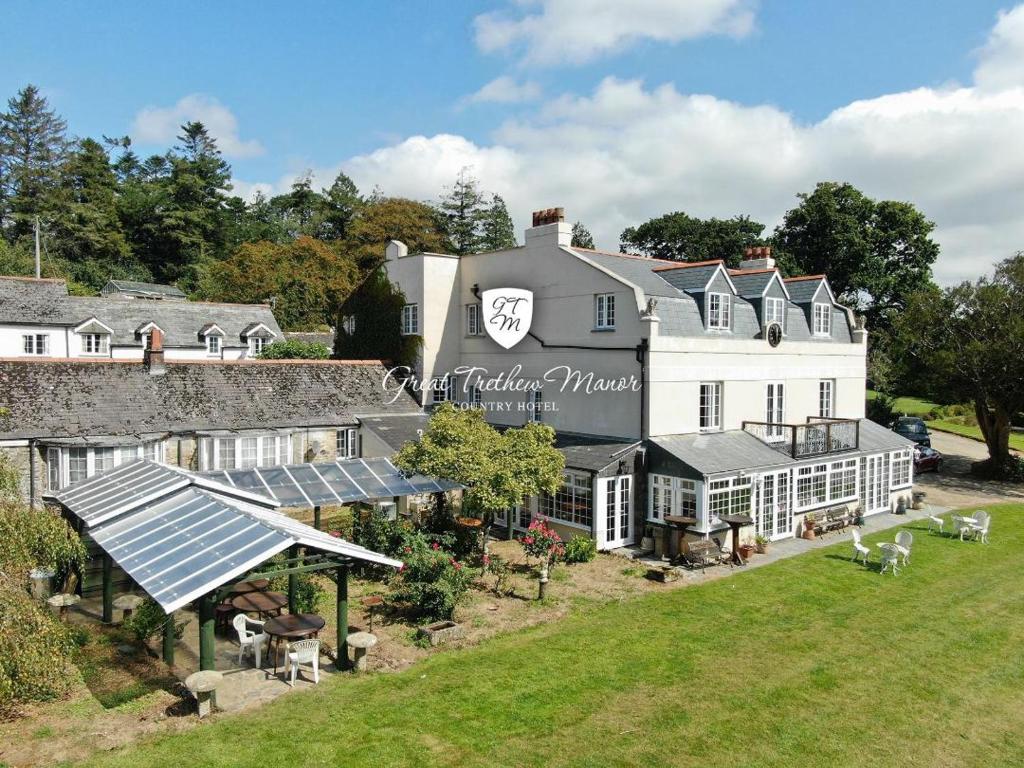 an aerial view of the plantation house at Great Trethew Manor Hotel & Self Catering Lodges in Liskeard