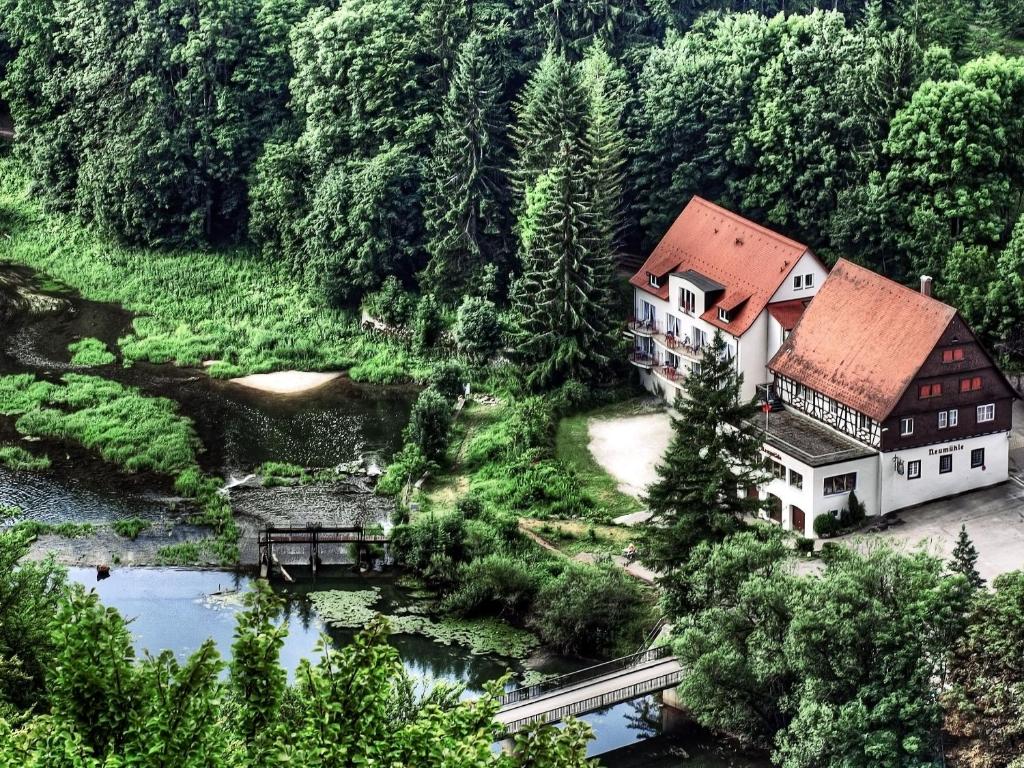 an aerial view of a house next to a river at Hotel-Gasthof Neumühle in Thiergarten