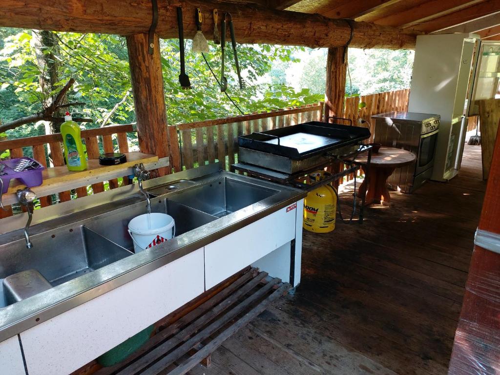 a kitchen with a sink and a stove at Brunarica in Globoko