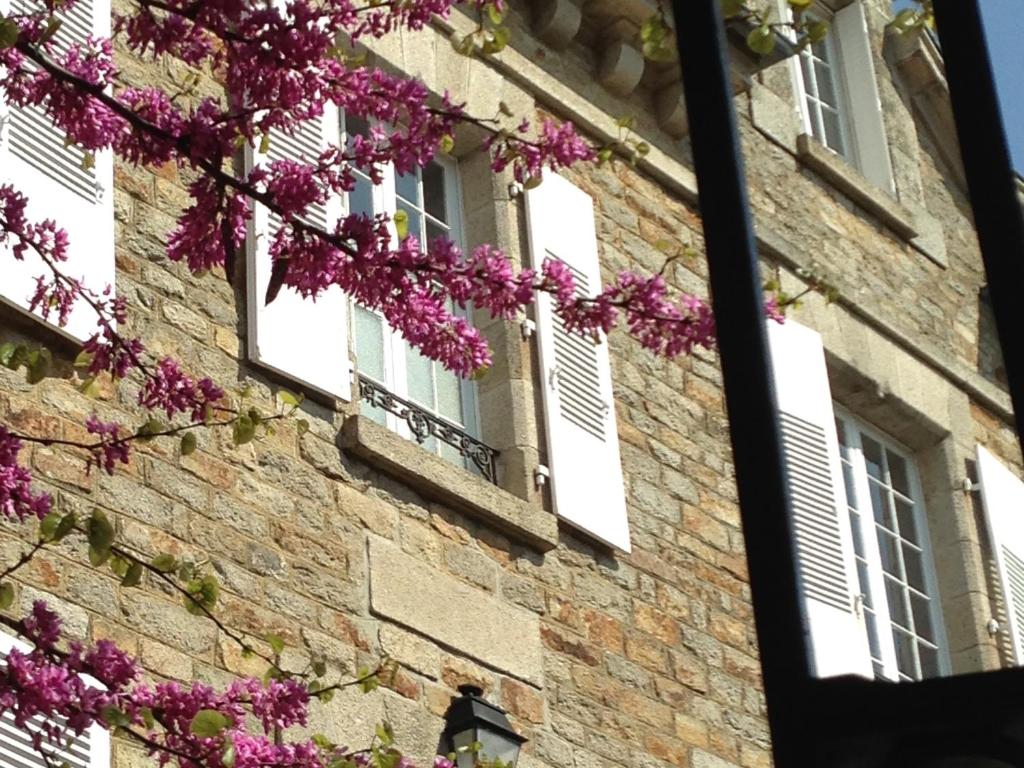 ein Spiegelbild eines Gebäudes mit lila Blumen in der Unterkunft Le 14 St Michel in Josselin