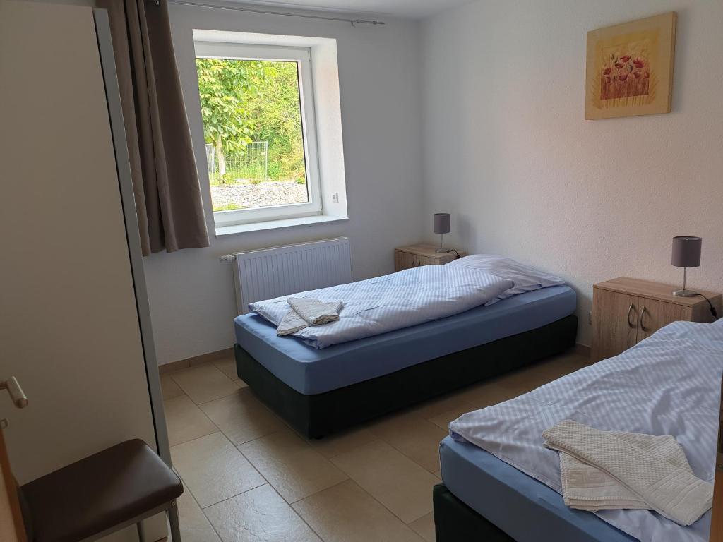 1 dormitorio con 2 camas y ventana en Angelhof Weseloh Appartement, en Bruchhausen-Vilsen
