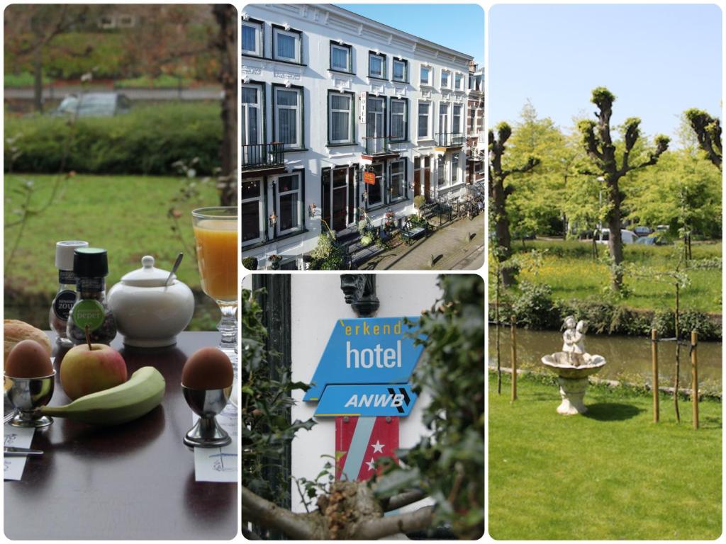 a collage of four pictures of a hotel at Hotel Oorsprongpark in Utrecht