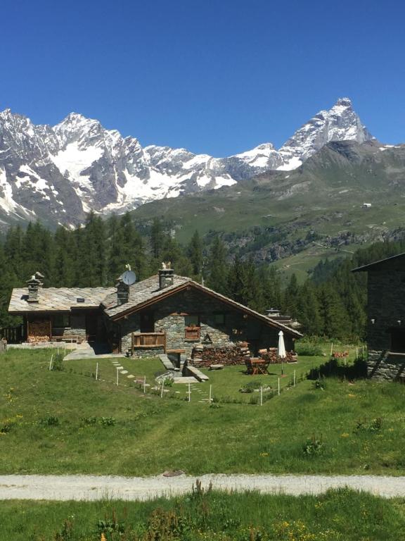 a house in a field with mountains in the background at CHALET GORRET CHENEIL in Valtournenche