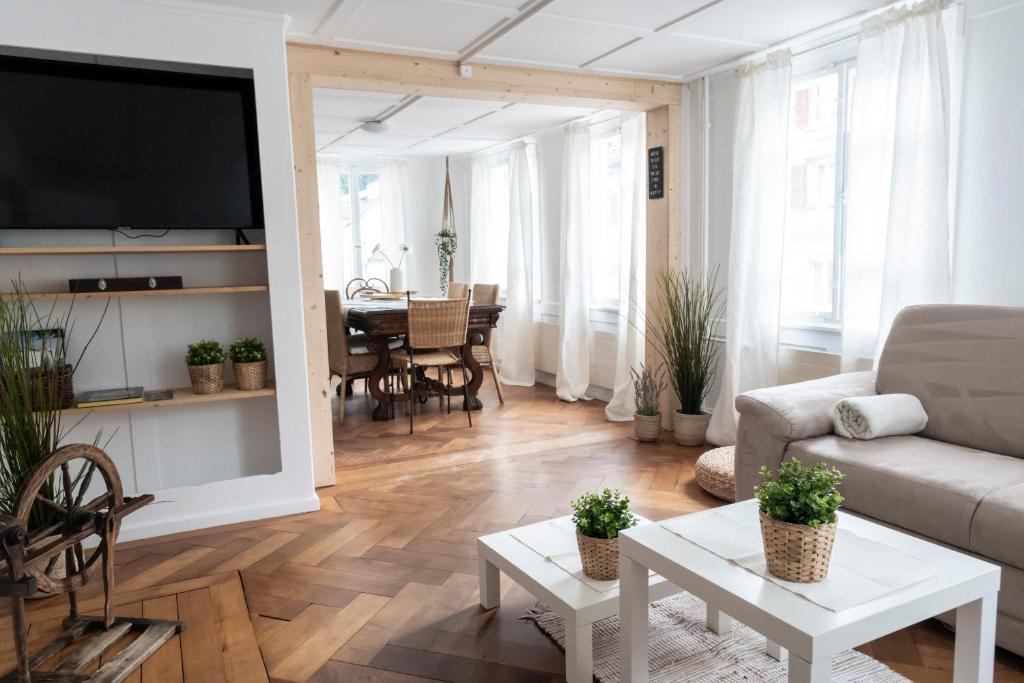 a living room with a couch and a table at Villa Donkey Ferienwohnung 113 in Degersheim