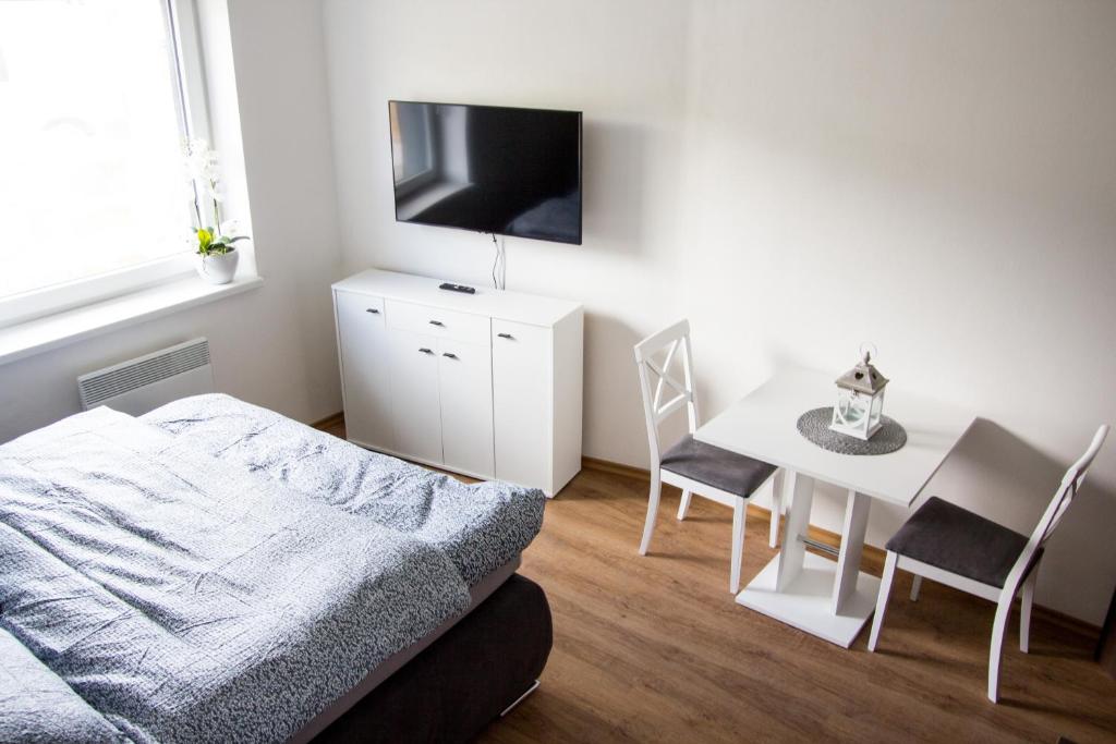 a bedroom with a bed and a table and a tv at Apartmány ADH Dolní Morava in Dolní Morava
