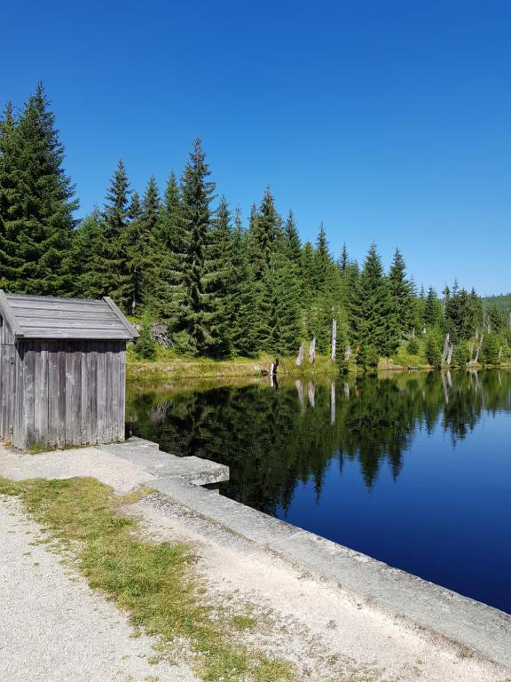 a small wooden building next to a lake at Apartments bei Familie Liebl in Sankt Oswald