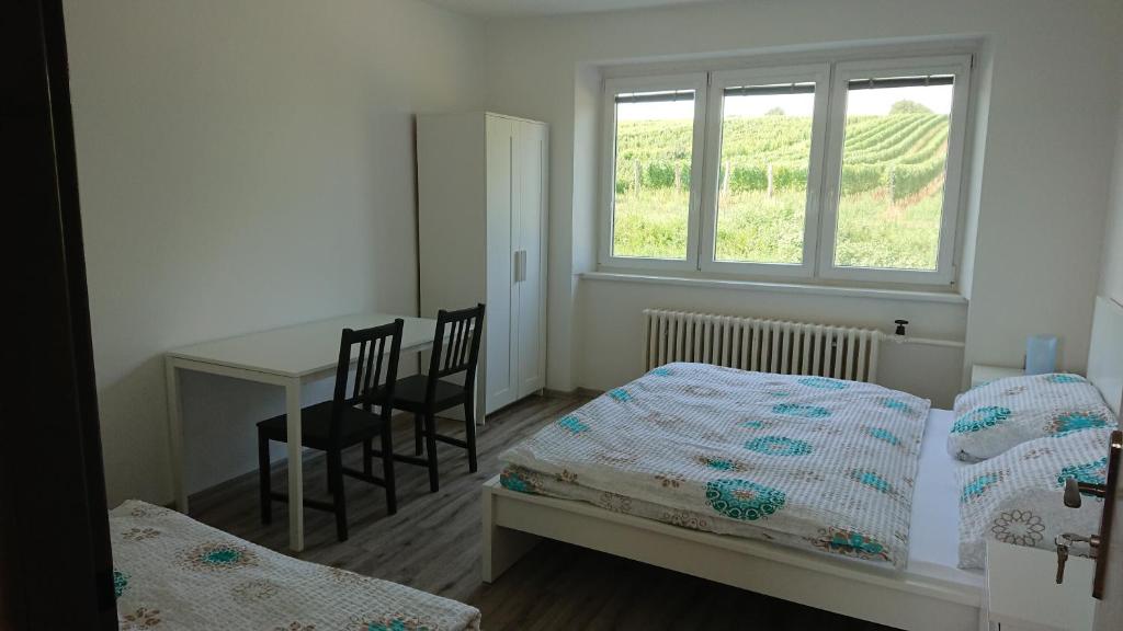 1 dormitorio con 2 camas, escritorio y ventana en PENZION RAMRAM, en Nový Poddvorov