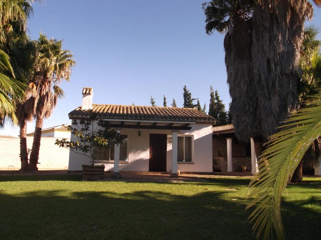 コニル・デ・ラ・フロンテーラにあるEl Olivar de Roche Viejoの庭のヤシの木がある白い家