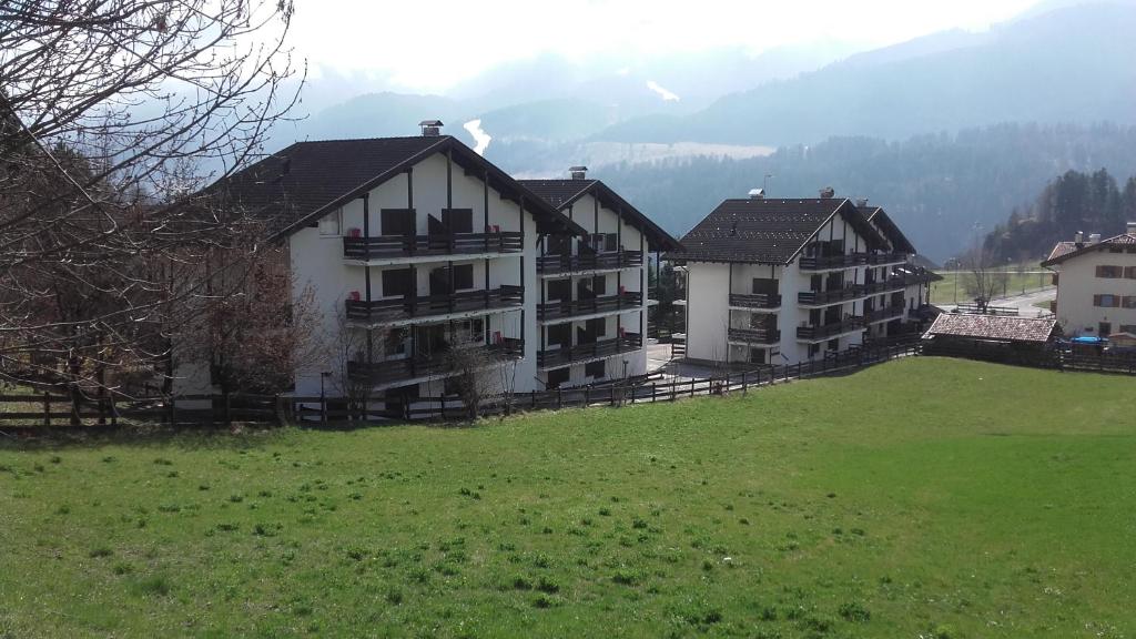 un grupo de edificios en un campo con montañas en el fondo en CASA CAVALESE en Cavalese