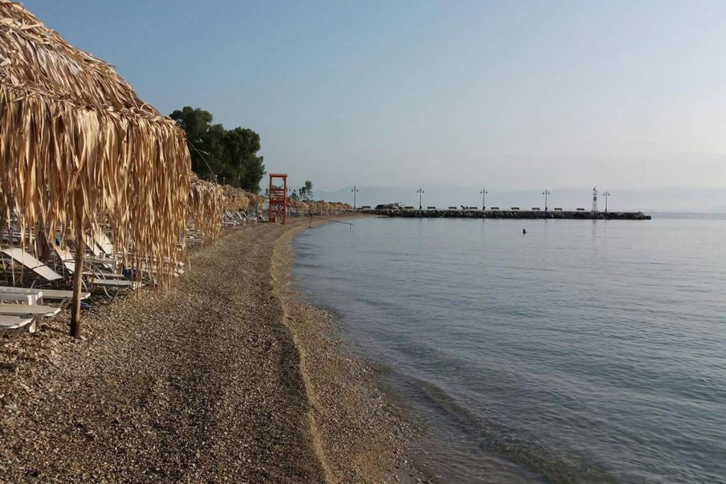 a beach with a straw umbrella and the water at Irida seafront apartment in Kiveri