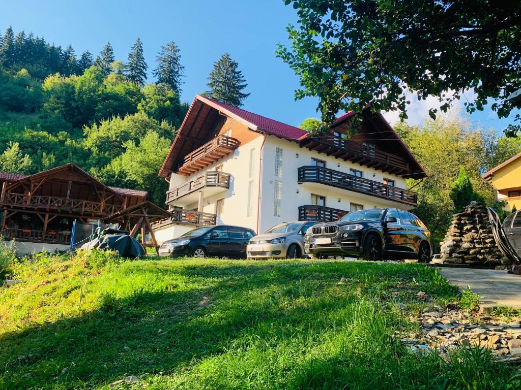 un bâtiment avec deux voitures garées devant lui dans l'établissement Pensiunea Pietrosul, à Borşa