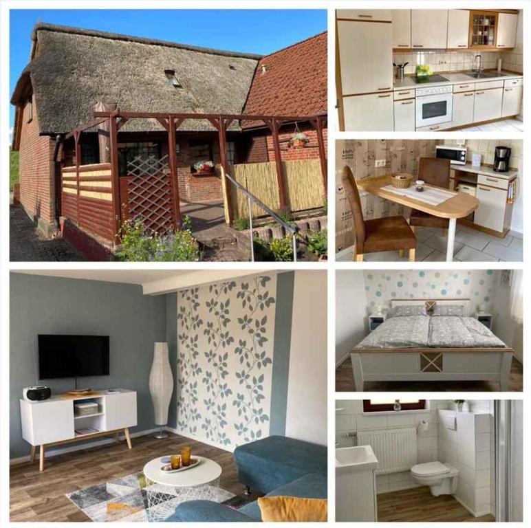 a collage of pictures of a kitchen and a house at Kleine Reetstube in Avendorf