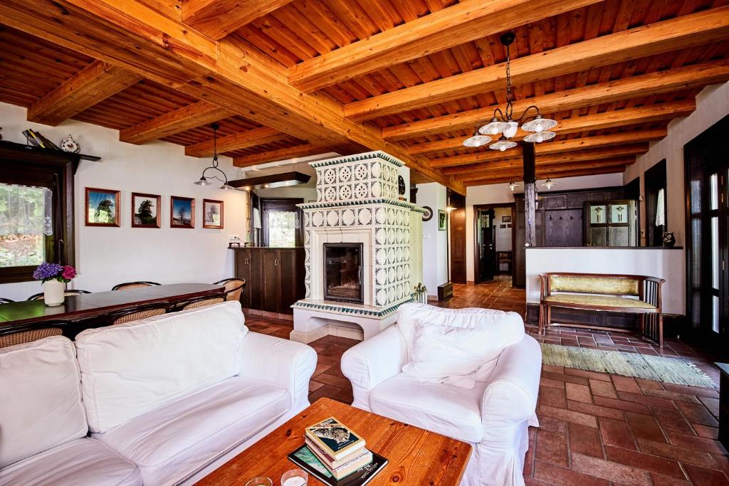 Matraalmas的住宿－Villa Szalamandra - az Erdőszéle，客厅配有白色家具和壁炉
