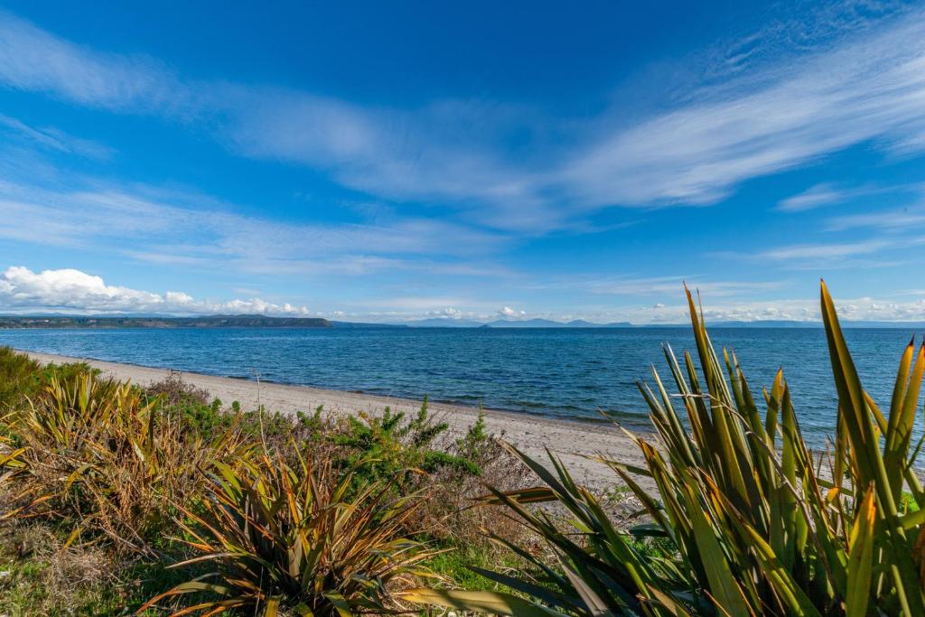 a beach with a view of the ocean at Chalet Mahuta - Five Mile Bay Holiday Home in Waitahanui