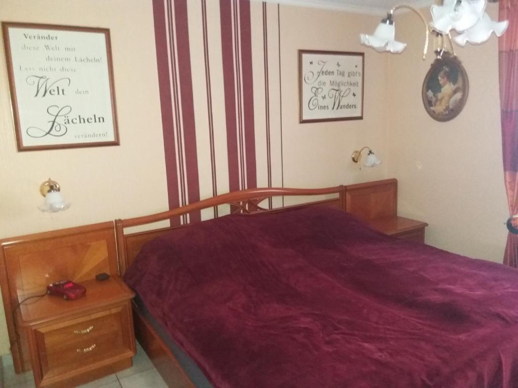 ein Schlafzimmer mit einem Bett mit einer lila Decke in der Unterkunft Ferienwohnung Konz in Merzig