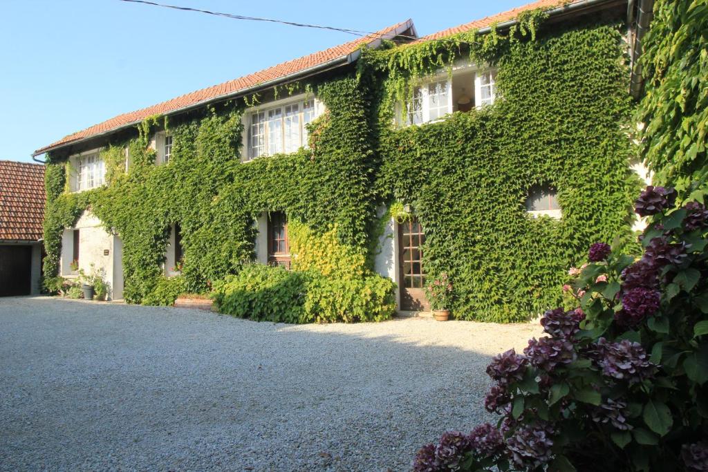 a building covered in green ivy with a driveway at L Ancienne Ferme in Connantre