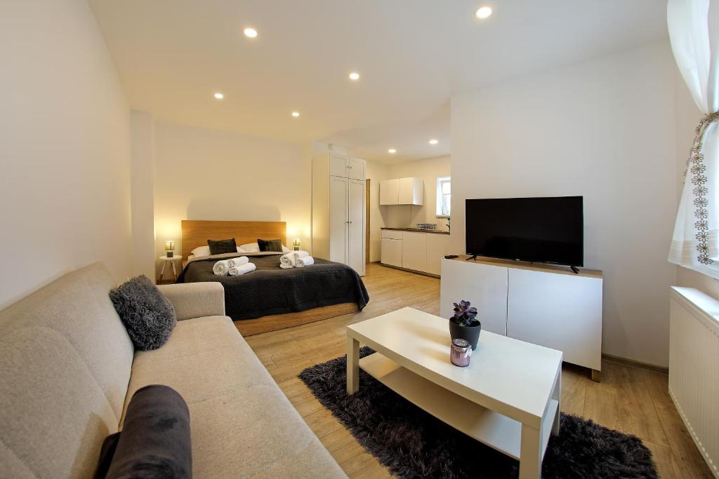 a living room with a couch and a bed at La Villa Apartments in Liptovský Mikuláš