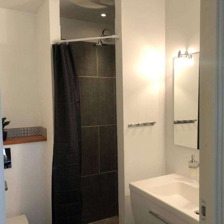 a bathroom with a shower and a toilet and a sink at Samsted in Middelfart