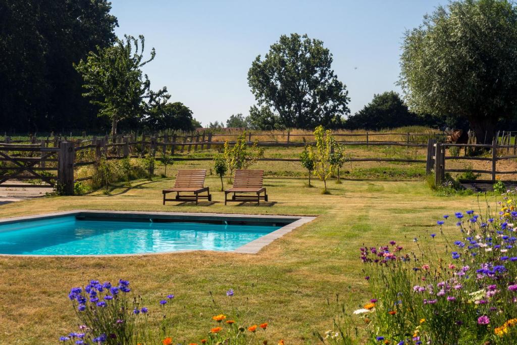 un jardin avec une piscine et deux bancs dans l'établissement Vakantiewoning De Wilg - rustig gelegen, à Grammont