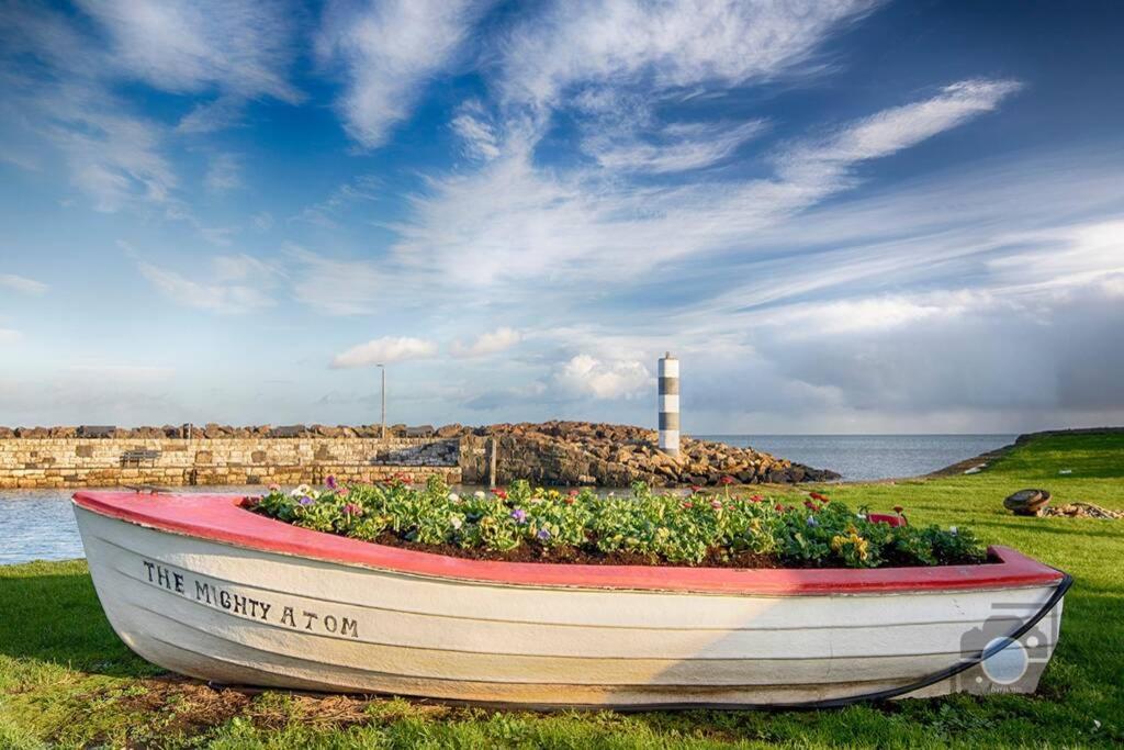 a boat sitting on the grass next to the water at Neds Brae View in the Glens of Antrim Family and Pet friendly Carnlough home in Carnlough