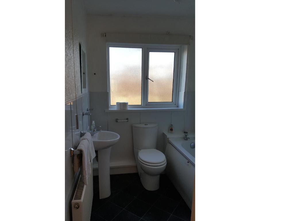 een badkamer met een toilet, een wastafel en een raam bij Thornley Avenue in Billingham