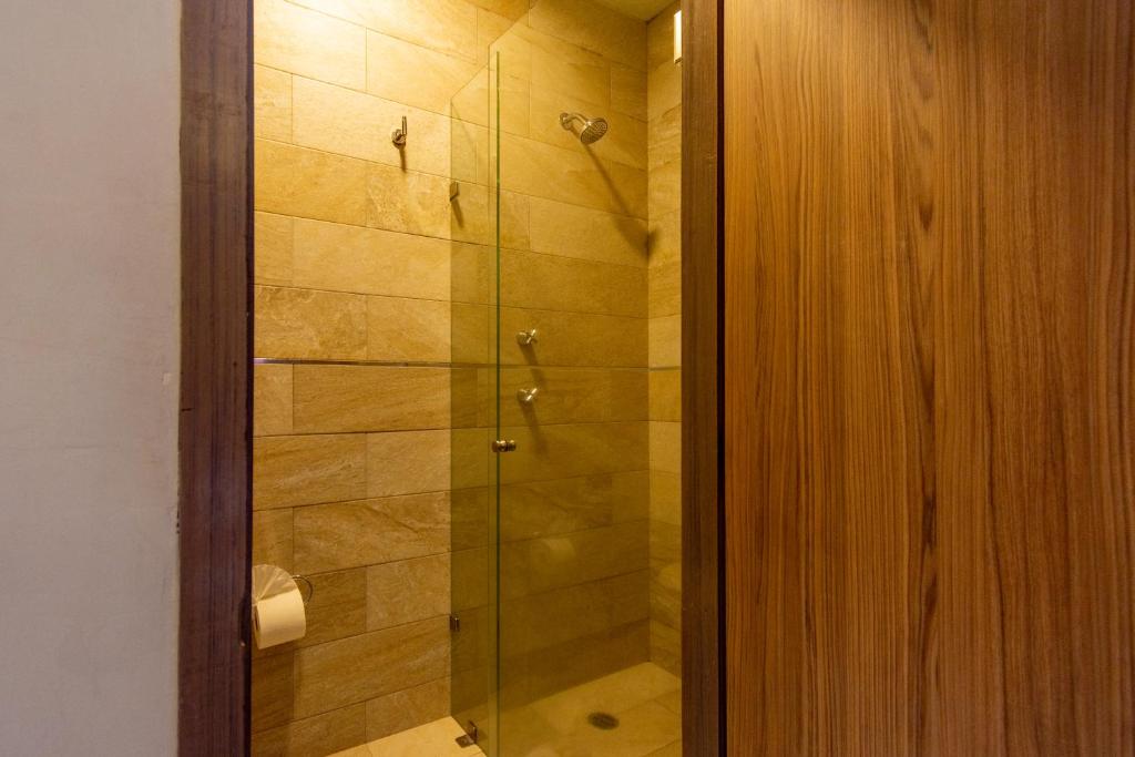 a bathroom with a walk in shower and a glass door at Hotel Hidalgo in Querétaro