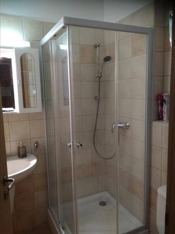 prysznic ze szklanymi drzwiami w łazience w obiekcie KarosPool Apartman w Zalakaros