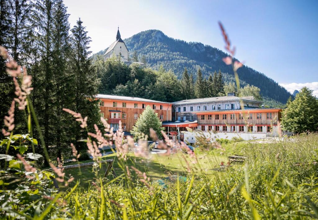 ein Gebäude auf einem Feld mit einem Berg im Hintergrund in der Unterkunft JUFA Hotel Mariazell in Mariazell