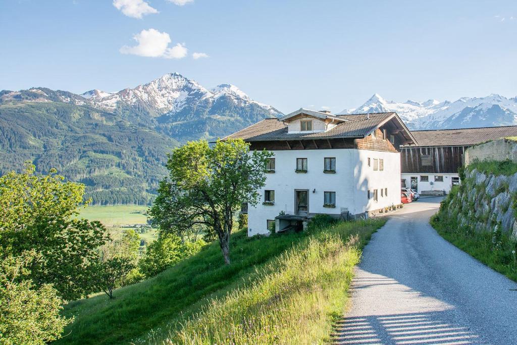 a house on the side of a road with mountains at Areithof in Zell am See