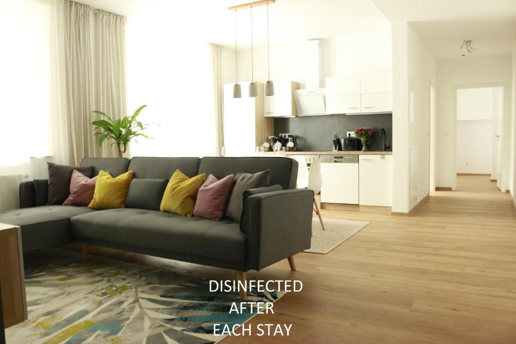 sala de estar con sofá gris y almohadas coloridas en AM City Apartment 24h Self-Check-In, Free Parking, U-Bahn 350m, Netflix, en Núremberg
